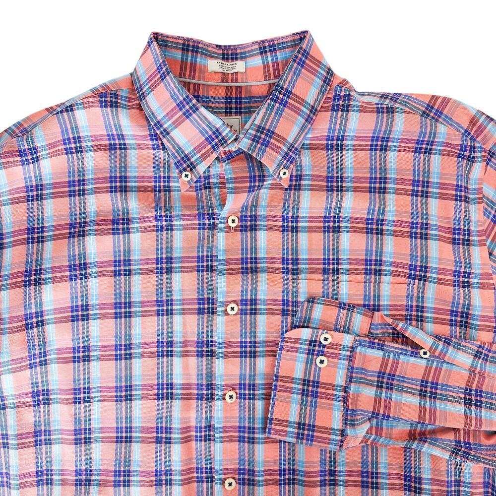 Peter Millar Mens Cotton Plaid Button Down Shirt Peach Pink Blue Cotton - XL